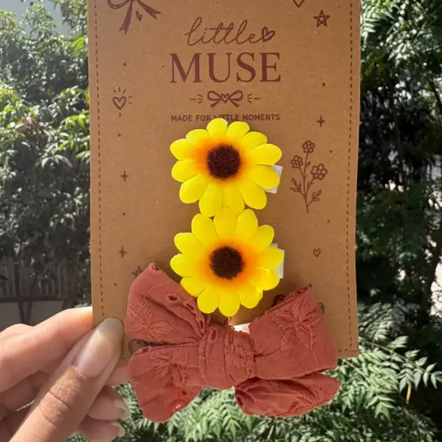 Sunflower Hair Pins Paired with Chikankari Bow